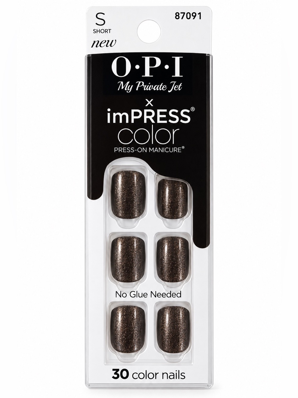 OPI x imPRESS My Private Jet Press-On Nails Short Glitter Brown 30 Ct NEW